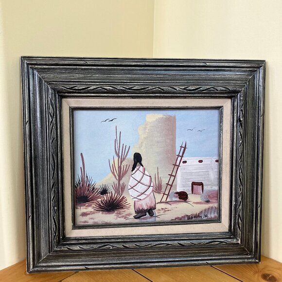 Southwestern Pueblo Village Original Framed Painting Desert Cactus Signed Art - Picture 1 of 5